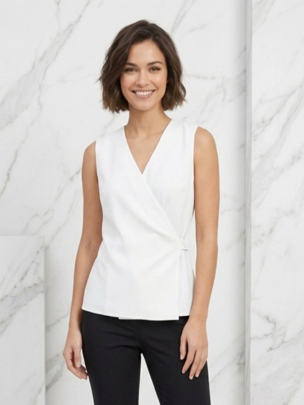 Theory Off-White V-Neck Faux-Wrap Sleeveless Blouse